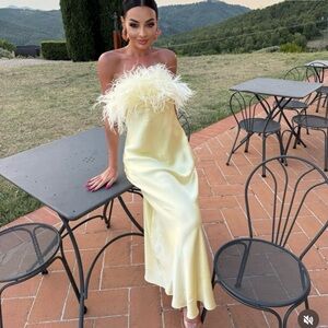 Zara NWT yellow feathered satin effect midi dress 2168/002